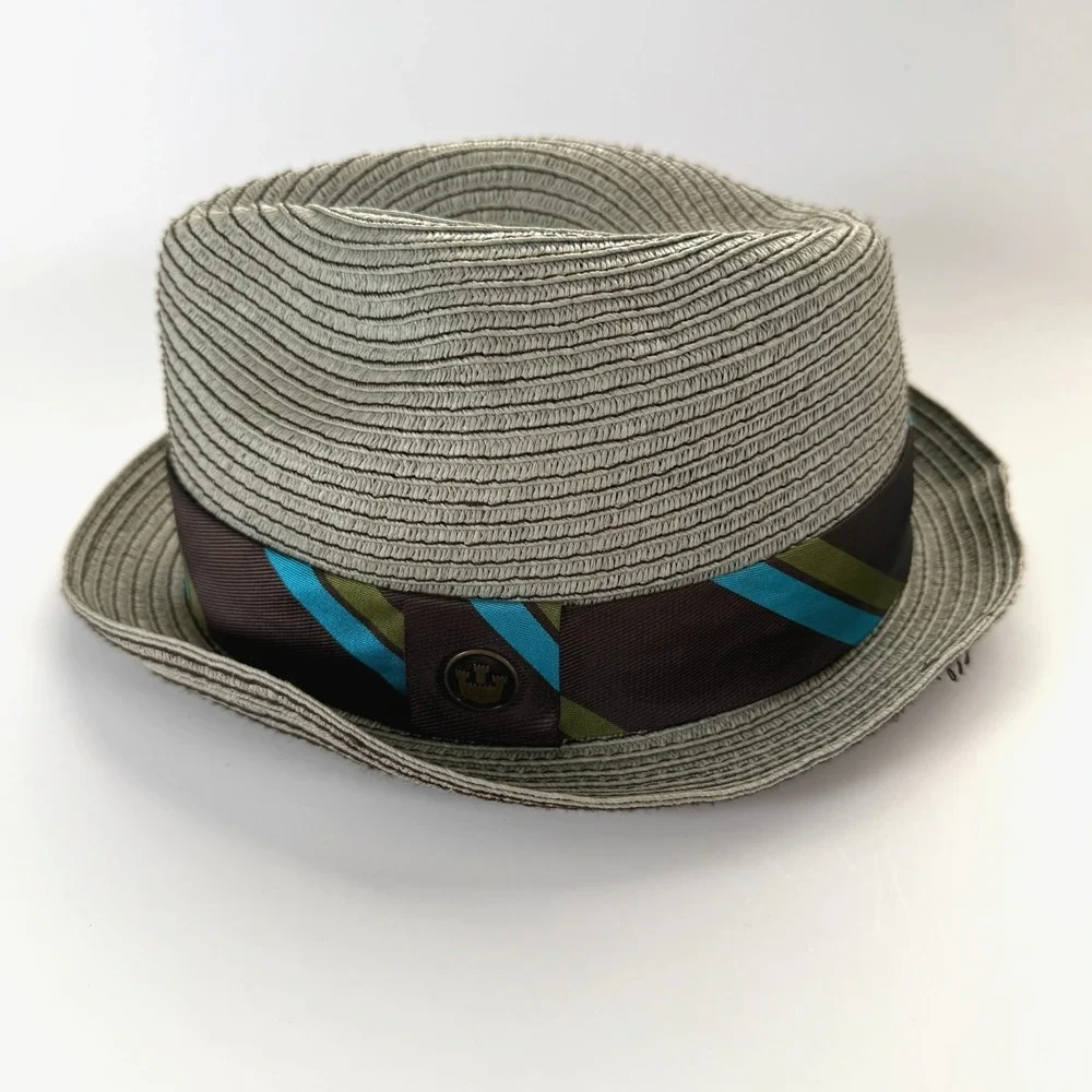 GOORIN BROS Tan Paper Straw Fedora Hat Adult Large Striped Ribbon‎ Brown Blue